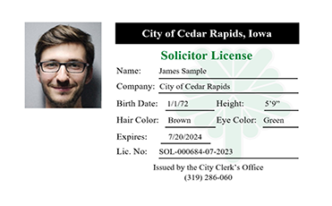 A sample solicitor license includes a portrait and details such as the solicitor's name, company, date of birth, hair and eye color, license number, and expiration date.